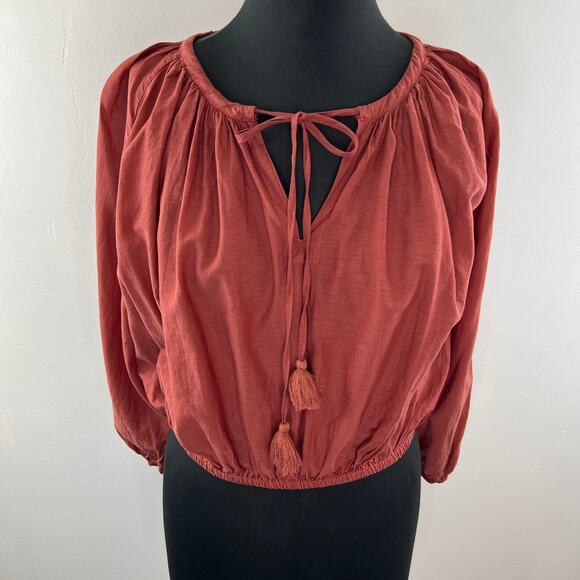 J. CREW Chimney Brown Cotton Blend Puff Sleeve Tassel Tie-Front Crop Top Size S - Picture 2 of 9